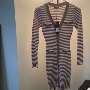 Striped Tan and White Fitted Dress
